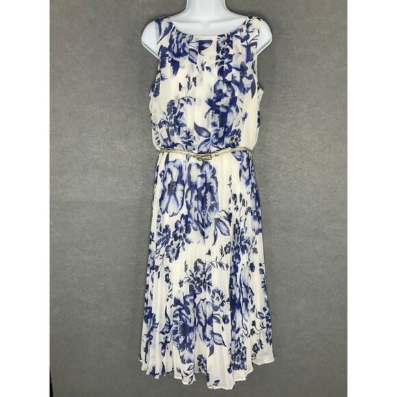 Eliza J Floral Dress‎ Womens Sz 12 Blue Pleated Sleeveless Party Cocktail Dress - Picture 1 of 11